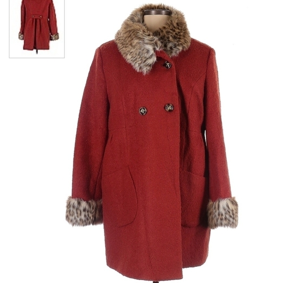 Apt 9 Wool Blend Rust Pea Coat Faux Fur Trim Women's 1X Plus Size Elegant EUC - Picture 1 of 16